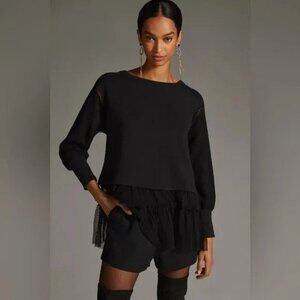 Free People Black Pullover With Sheer Ruffle Hem & Crochet Details Small Petite